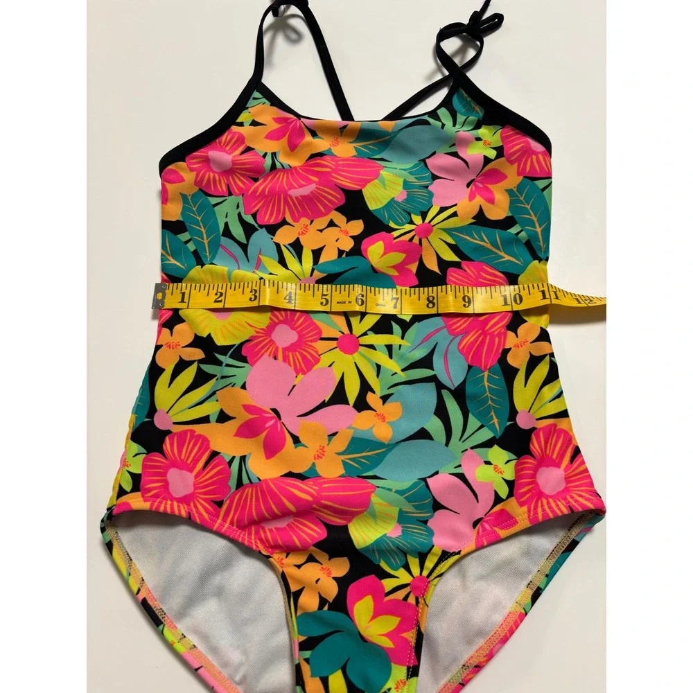 Cat & Jack Girls Swimsuit Size M 8 Tropical Floral One Piece Cross Back Tie Pink